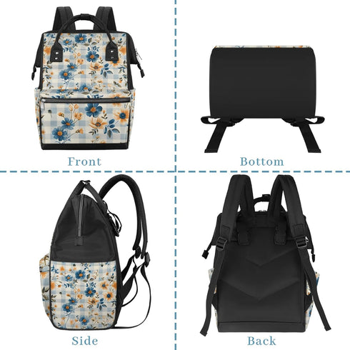 Honeybaby Backpack 19L Diaper Bag for Mom & Dad Checkered Background Flowers Large Diaper Bag Tote with Multi-Pocket
