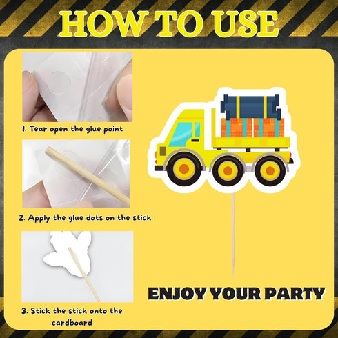 PAVATUTAT 24 PCS Construction Cupcake Toppers Stop Sign Dump Truck Excavator Tractor Party Cake Food Picks Decorations