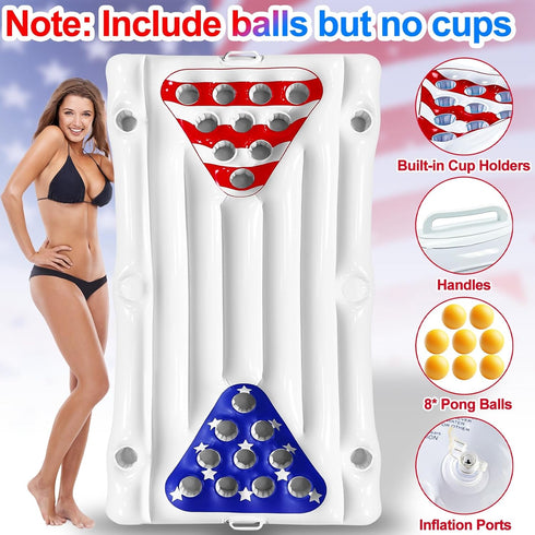 2 1 8 6x3 4th Summer in American Flag Pool Float & Pong Game Table with Balls, Ft Patriotic Inflatable Lounger