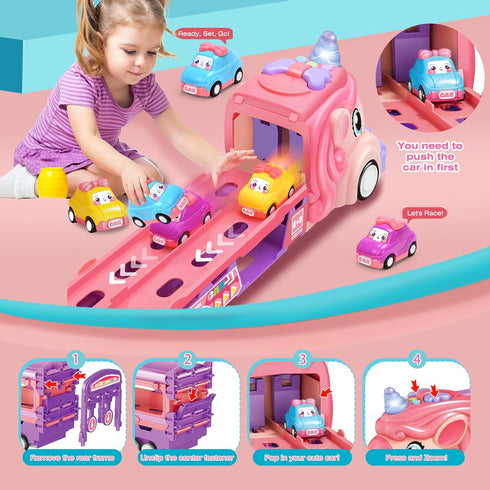 Zlreswer 3 4 5 6 7 3+ Car Toys for Year Old Toddler Girl, Toys Truck & Foldable Race Track Car Toys with Light & Sound