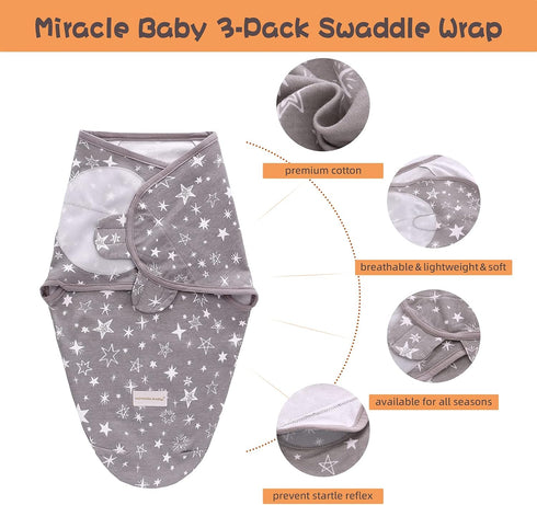 Miracle Baby 3-Pack 100% Swaddle Sack, Cotton Sleep Swaddles Wrap Blankets for Newborns & Infants, Soft & Adjustable