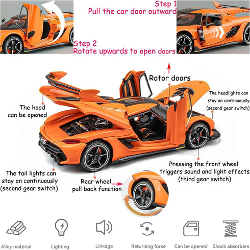 Toy Cars Model Koenigsegg Jesko, 1/24 Orange Alloy Die-cast Vehicle with Sound and Light