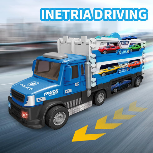 DOWELLIN 6 1 6Pcs 3 4 5 6 7 8-Blue in Transport Truck Toys for Kids, Police Trucks Carrier Cars with Metal Race Car