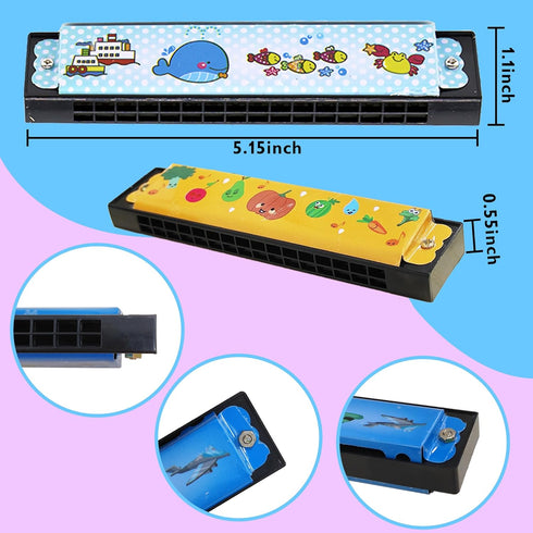 10 Sets Harmonica with Organza Gift Bags, 16 Holes Cartoon Musical Instrument for Kids Party Favors