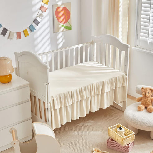 Set 3 Tufted Ruffle Crib Bedding Pieces Baby Boho Quilted Comforter with Fitted Sheet and Bed Skirt - Cute Ruffled