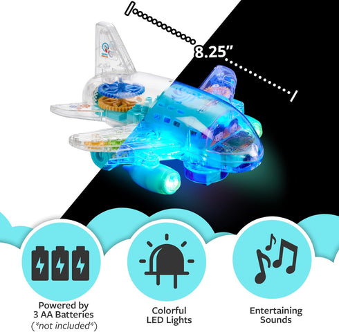 3+ Playbees Light Up Transparent Gear Airplane Kids Bump and Go Autism Toys Colorful Moving Gears with Music and LED