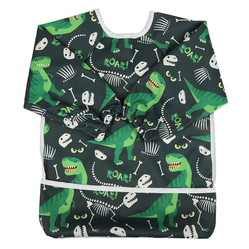 Baby Bib Long Sleeved Shirt with Pocket - Toddler for Boys 1-3 Years Old, Green Dinosaurs