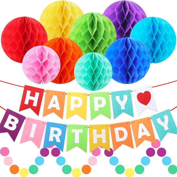 Happy Birthday Banner Decorations Set - Rainbow Paper Flags with 9 Honeycomb Balls and Circle Dots Garland