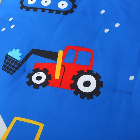 Set 4 Set Blue Cartoon Car Construction Toddler Bedding for Boys, Piece Reversible Truck Lightweight Toddler Comforter