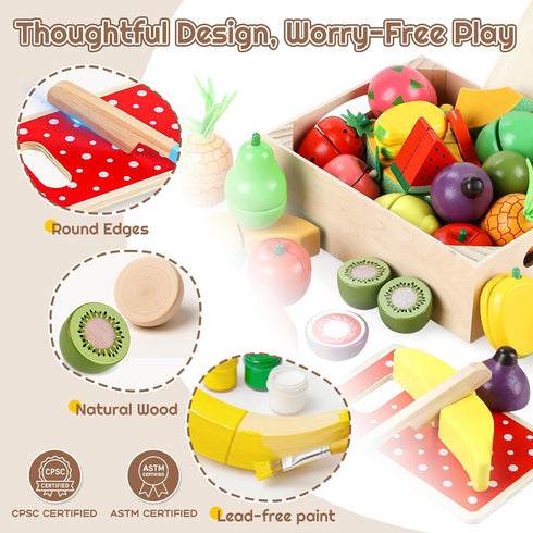 35PCS 3 4 5 6 Wooden Play Food for Toddlers, Pretend Food Toys Play Kitchen Accessories with Storage Basket, Learning