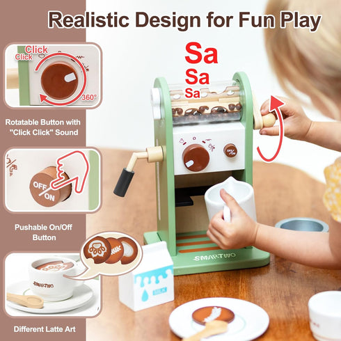 Playset Girl,17pcs Kids Wooden Coffee Maker Toy,Coffee Machine with Grinder,Play Coffee Making Routine,Stimulates