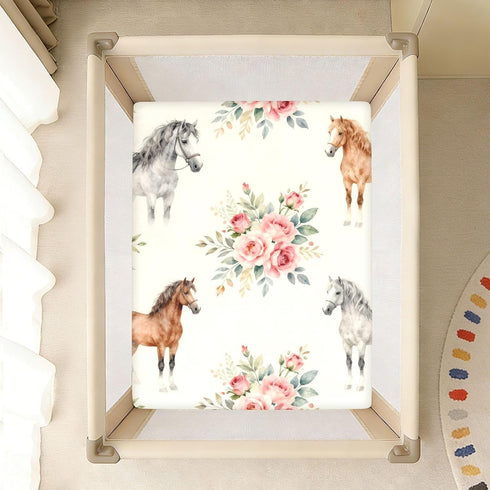 CZXW 52" 28" Watercolor Horses and Flowers Crib Sheets Fitted x Natural Cotton Soft & Breathable for Baby Crib Mattress
