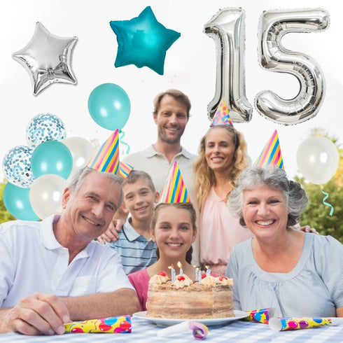 15th Birthday Decorations Teal Blue, Happy Birthday Banner, Sash, Number 15 Star Foil Balloons for Party Supplies