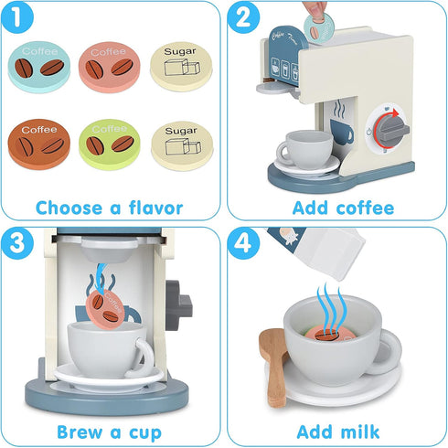 medoga Sets Play Kitchen Accessories Kids Wooden Coffee Maker Toy Espresso Machine Toddler Toy Kitchen for Girls