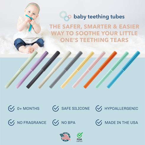 Baby Teething Tubes - Made in The USA, Soft & Durable Infant Toys and Toddler Silicone Teether (7 Inches, Orange)