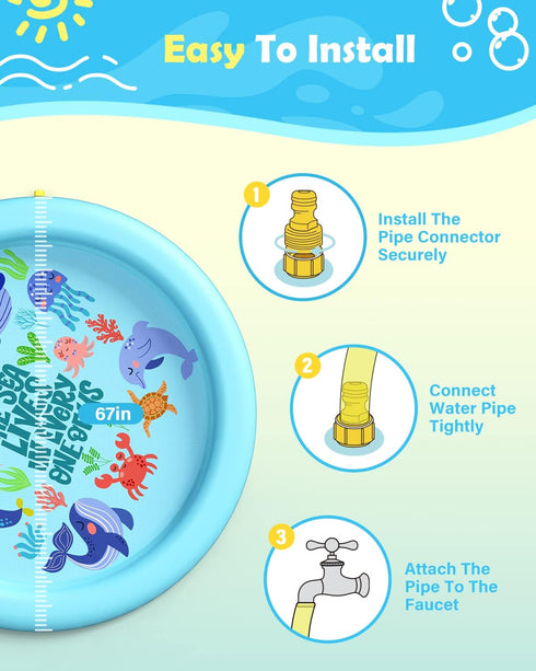 67in 0.58 mm Summer Peteast Anti-Slip Ocean-Themed Splash Pad for Kids and Dogs - Thicken Sprinkler Dog Pool