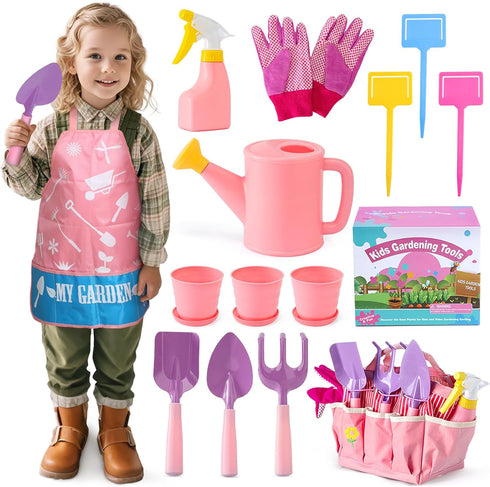 JOI MEW Kids Pink Gardening Tools Set, Garden Toys w/Metal Rake, Shovel,