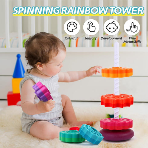 Spinning Stacking Toys – Rainbow Tower – Kids Stackable Spinning Toy for Toddlers 1-3 – Builds Sensory and Motor Skills