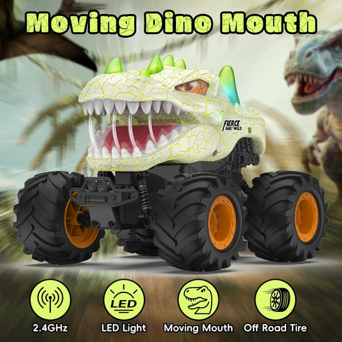 2.4GHz 1:24 6-12, Dinosaur Remote Control Car RC Monster Truck Scale RC Car with LED Lights & Movable Mouth