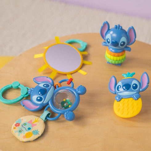 Set 4 Bright Starts Disney Baby Stitch Tropical Treasures Gift with Stitch Inspired Toys Including Baby-Safe Mirror