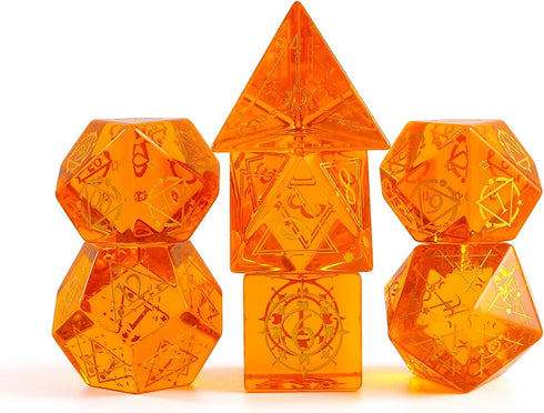 Crystal Orange Glass Dice Set, 7 Pcs with Box for Dungeon and Dragon Games, Orange
