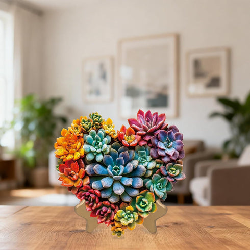 500 (17.4"*17.1") Ruikiyart Wooden Puzzles for Adults, Pieces Succulent Heart Wood Jigsaw Puzzle, Plant Unique Shaped