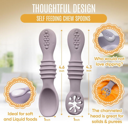 4pc Silicone Self Feeding Baby Utensils Set, 3 Baby Spoons and 1 Fork, BPA Free, Dishwasher Safe, Light Pink/Army Green