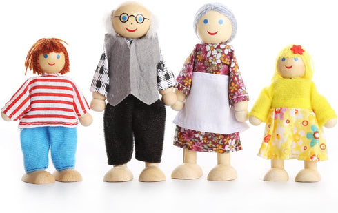 Lovely Happy Family Dolls Playset, Wooden Figures Set of 7 People with Dog for Kids Children Toddlers Dollhouse Pretend