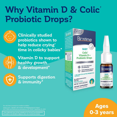 3 100% Immune 32 Biostime Baby Vitamin D & Colic Probiotic Drops for Newborns to Years Old | Daily Values Vitamin D