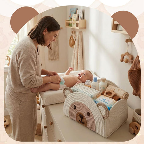 CimoroWin 14.6 10.6 8.7 Inch Large Baby Diaper Caddy Organizer Cute Bear Cotton Rope Empty Gift Basket for Baby Shower