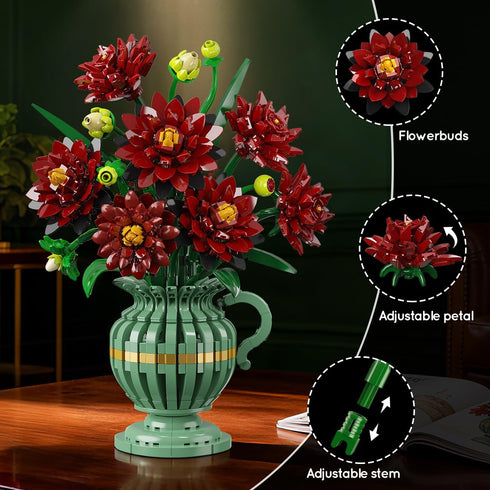 Set, 1482 12+ PLAXSOON Dahlia Flowers Building Flower Bouquet Gift for Mothday Day Botanical Collection Building Block
