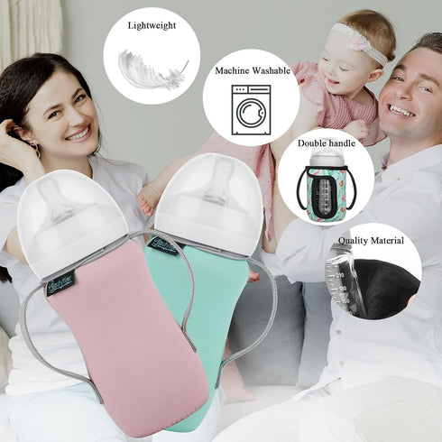 Beautyflier Set 2 (8-9 of Reusable Glass Baby Bottle Insulator Adjustable Sleeves with Double Handles Neoprene Holder