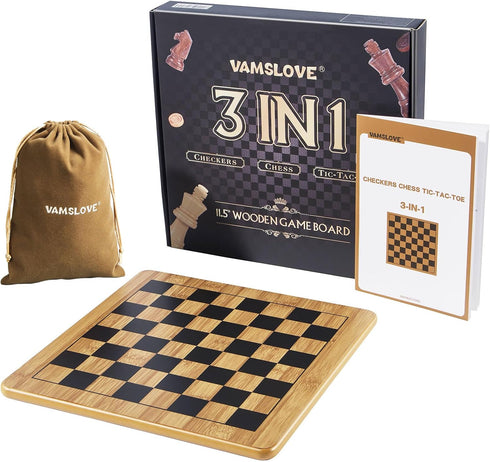 Set 11.5" 11.5" 3 1 34 2 24 VAMSLOVE Wooden Chess Checkers Tic-Tac-Toe Game x Double-Sided in Board with Chess Pieces