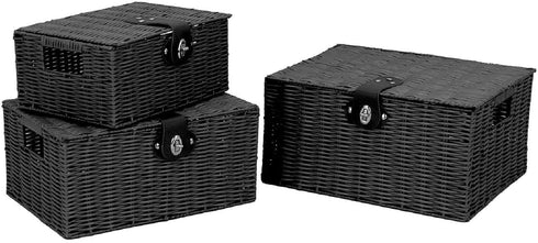 Set of 3 Woven Storage Basket Box - Stackable Bin with Lid & Lock, Built-in Carry Handles for Nursery, Baby Closet