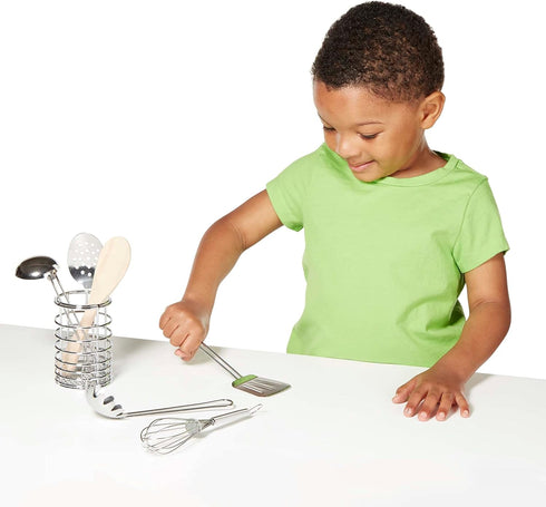(7 3+ Melissa & Doug Stir & Serve Cooking Utensils pcs) - Stainless Steel & Wooden Play Kitchen Accessories, Preschool