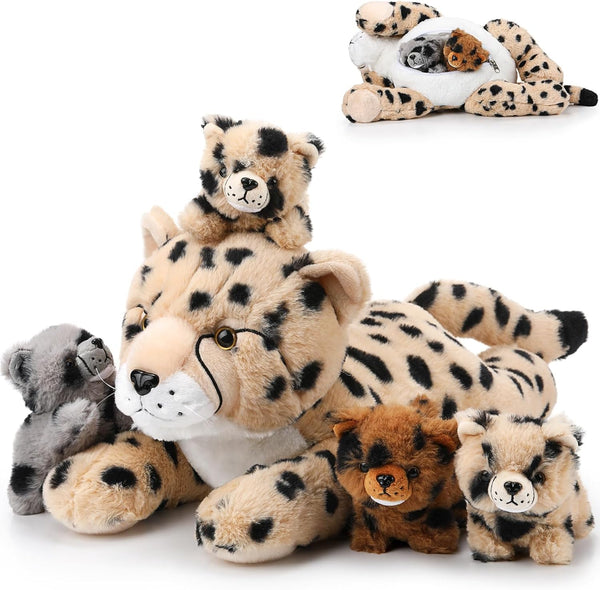 5 Pcs Cheetah Stuffed Animals Set, Large Mommy Cheetah Plush with 4 Soft Cuddly Baby Cubs for Gifts