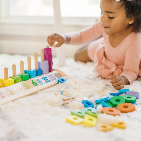Melissa & Doug Counting Shape Stacker, Wooden Educational Toy with 55 Shapes and 10 Number Tiles for Kids