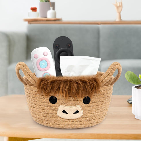 0rganizer 10.7"D 4.4"H Highland Cute Cow Basket for Nursery, Small Shower Gift Basket, Round Woven Rope Cotton Storage