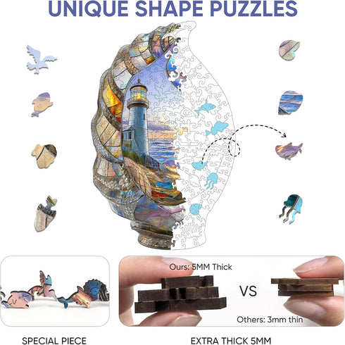 200 13 8.2 Inches Delobil Lighthouse Wooden Puzzles for Adults, Shell Landscape Jigsaw Puzzles Pieces, Unique Shape