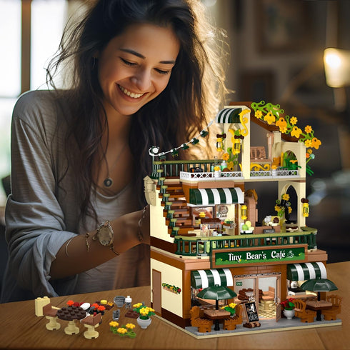 City Coffee House Building Set with Light, 1173 PCS Cafe Shop Building Block Toy with Ordering Counter and Baking Room