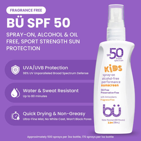 50 3.3 oz 1 oz (2-Piece BU SPF Fragrance Free Kids Sunscreen Spray for Face and Body, TSA Travel Size Sunscreen, Clear