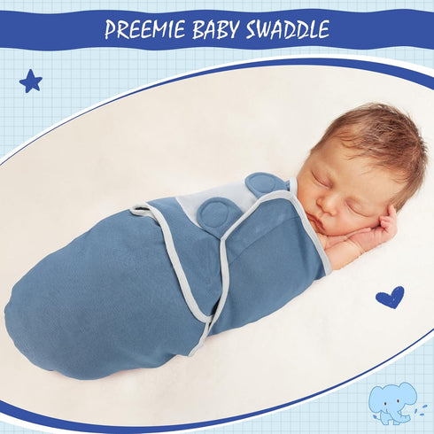 VitalCozy 2 Pcs Preemie Swaddle Preemie Swaddle Wrap Adjustable Blanket Cotton Blanket for Boys Girls Sleep(Blue