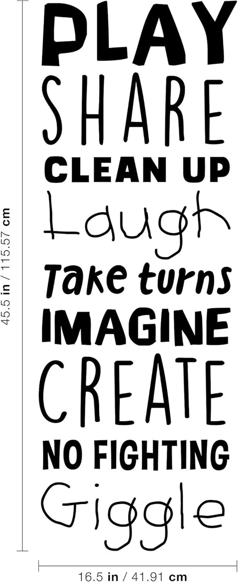 Vinyl Art Wall Decal - Play Share Clean Up Laugh Imagine, 45.5" x 16.5" - Cute Modern Kids Room Decor