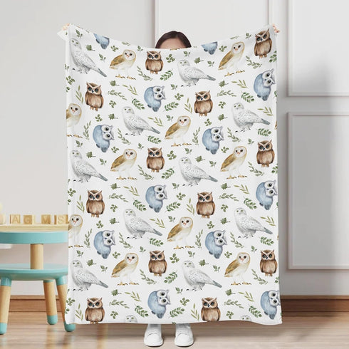 Watercolor Owls Green Leaves Baby Blanket for Girl Boy Owl Birds Boho Leaves Receiving Blanket Toddler Baby Newborn Nursery Crib Bed Throw Blanket Soft Swaddle Blanket Daycare Playmat 30x40