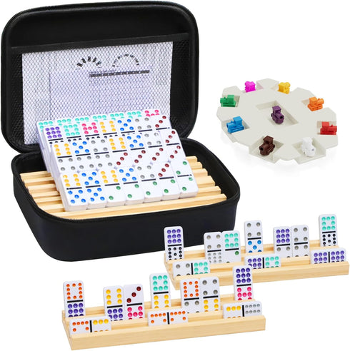 Mexican Train Dominoes Set with 4 Wooden Trays/Racks, Double 12 Dominos Travel