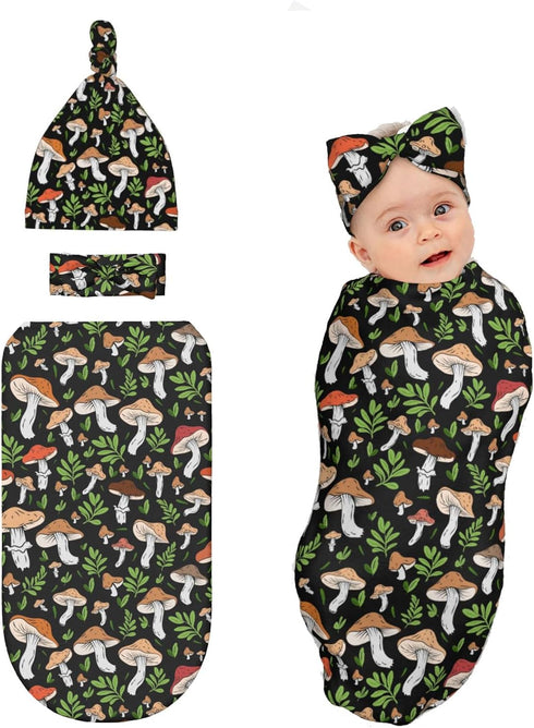 zhedongsj Mushroom Newborn Swaddle Blanket with Hat and Bow Set, Soft Swaddling Sack
