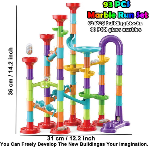 93 PCS Marble Run Premium Set - STEM Educational Building Block Toy with 30 Glass Marbles for Kids - Marble Maze Game