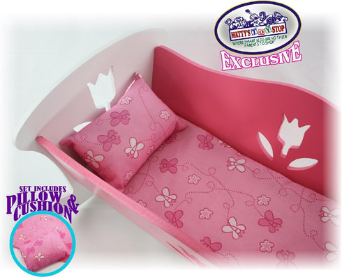 18 Inch (18" Matty's Toy Stop Doll Furniture Wooden Doll Rocking Cradle (Crib) with Pink Pillow & Cushion - Pink/White