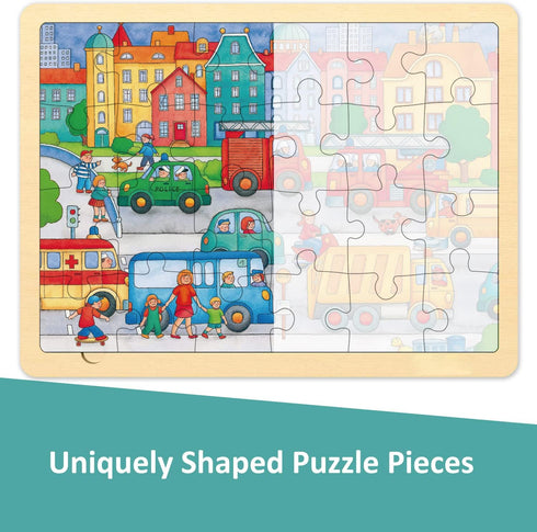 Wooden Puzzle for 3 Year Old, 24 Piece Traffic Theme Puzzles for Kids Ages 3-5, Unique Shape Jigsaw