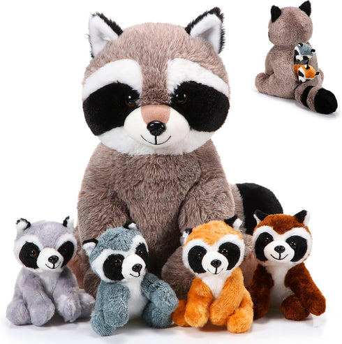 5 Pcs Raccoon Stuffed Animal Set Adorable Mommy Raccoon Plush with 4